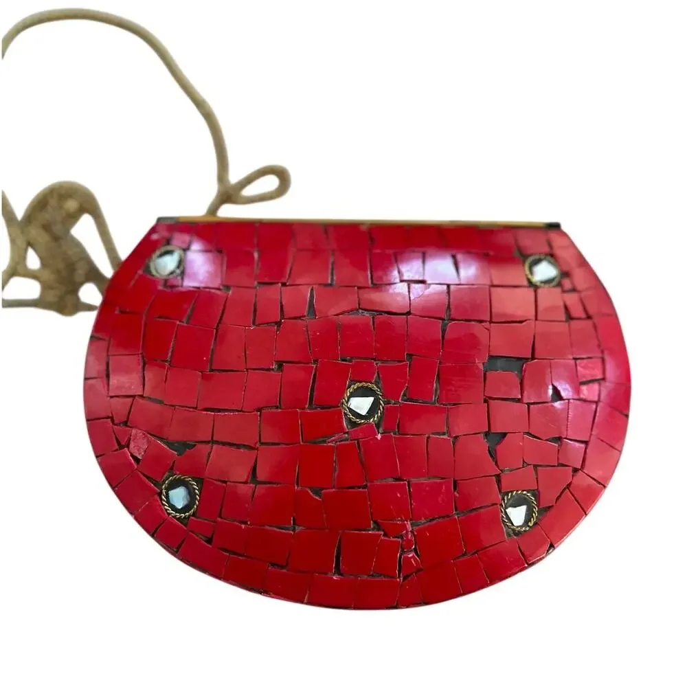Red White & Brass Pearlescent Mosaic Mini Crossbody Purse Western Boho Indian